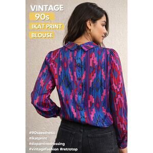 Vintage 90s Ikat Print Blouse Bright Pink Blue Button Front Size 12